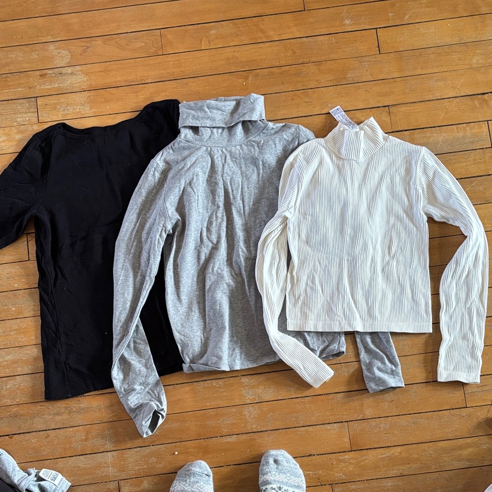 EUC Set of 3 Ribbed & Smooth Long Sleeve Tops - Black, Gray, Cream